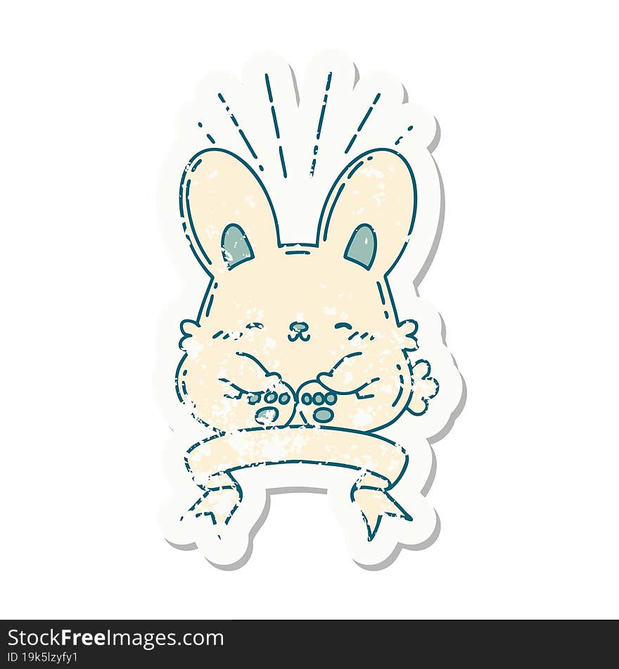 worn old sticker of a tattoo style happy rabbit. worn old sticker of a tattoo style happy rabbit