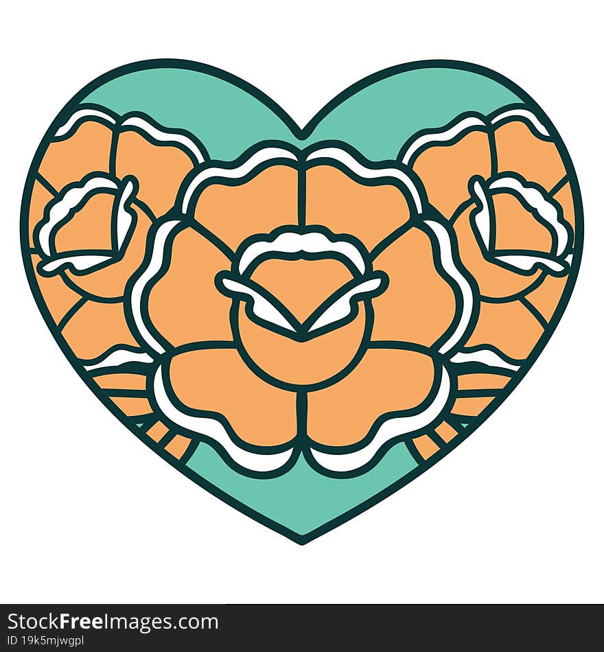 iconic tattoo style image of a heart and flowers. iconic tattoo style image of a heart and flowers