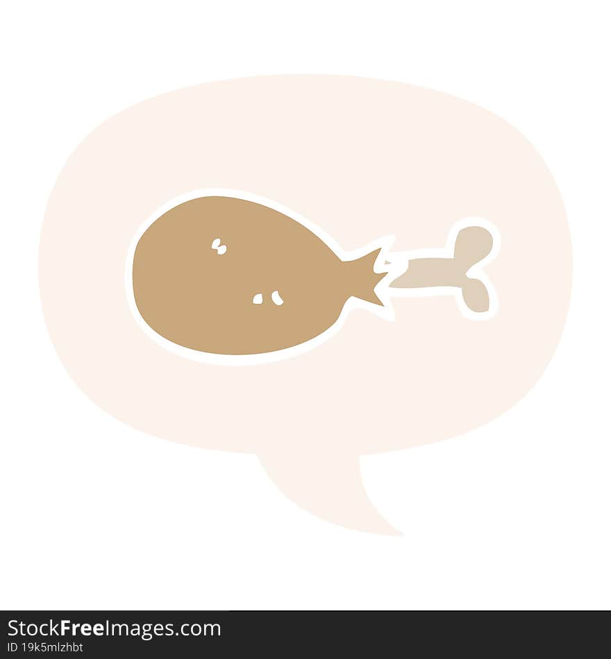 cartoon cooked chicken leg and speech bubble in retro style