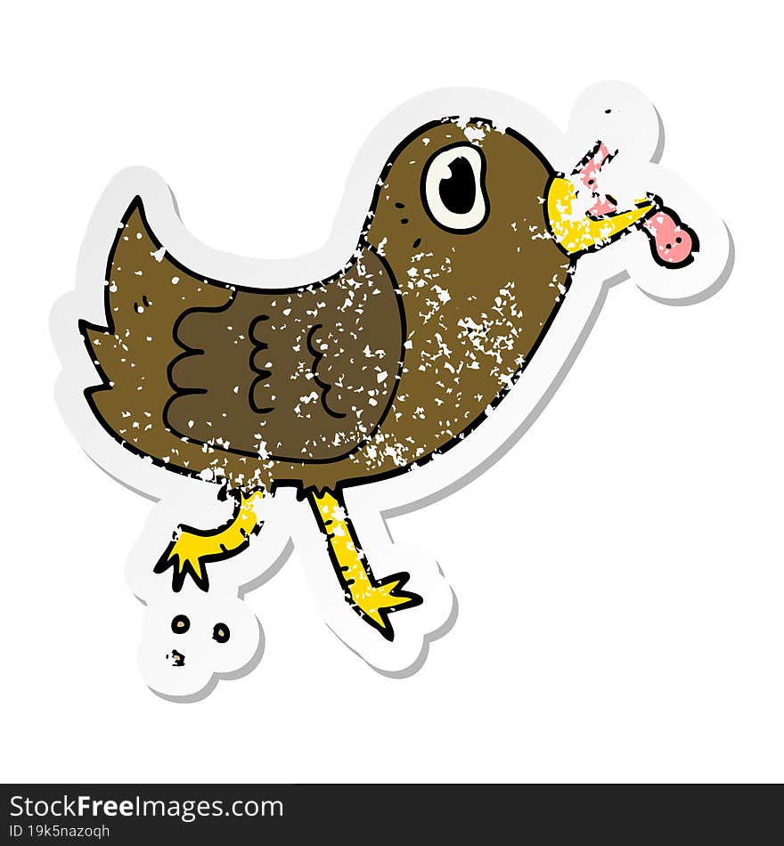 distressed sticker of a cartoon bird with worm