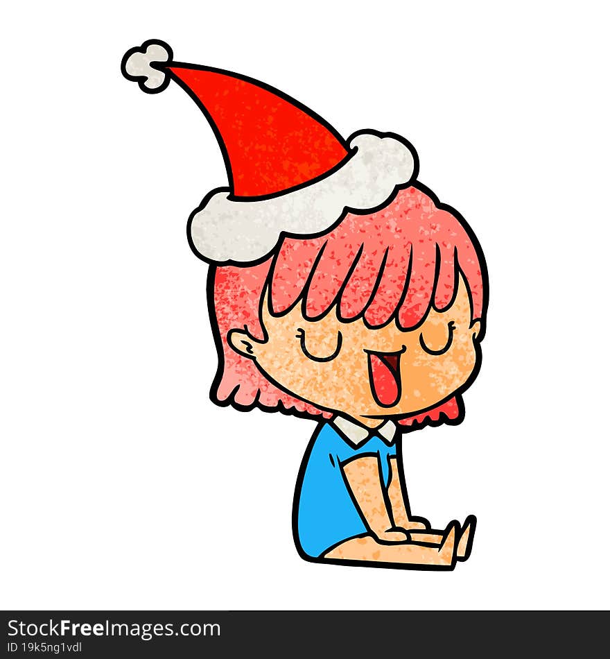 hand drawn textured cartoon of a woman wearing santa hat