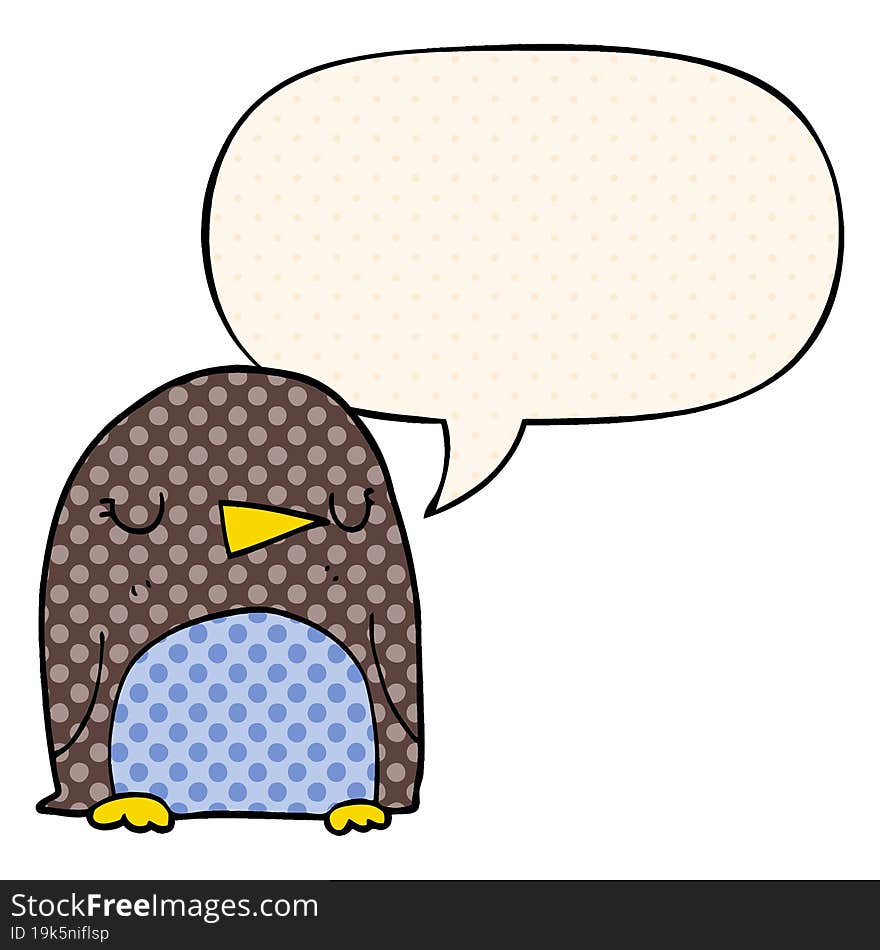 cartoon penguin and speech bubble in comic book style