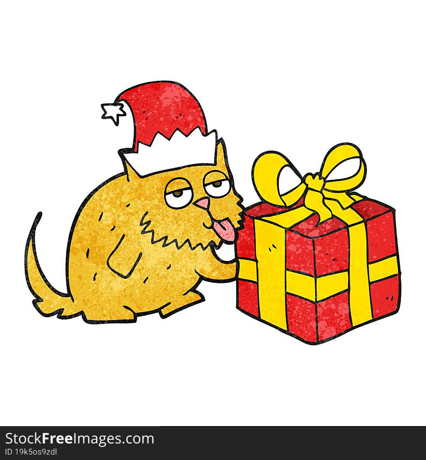 freehand textured cartoon cat with present