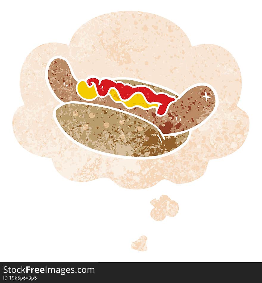 Cartoon Hot Dog And Thought Bubble In Retro Textured Style