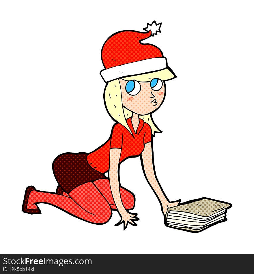 cartoon woman in christmas hat with book