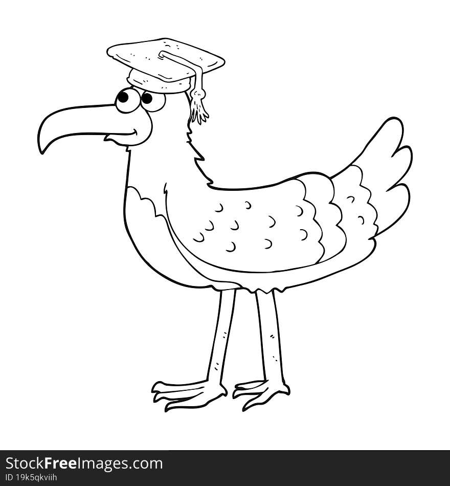 black and white cartoon seagull with graduate cap