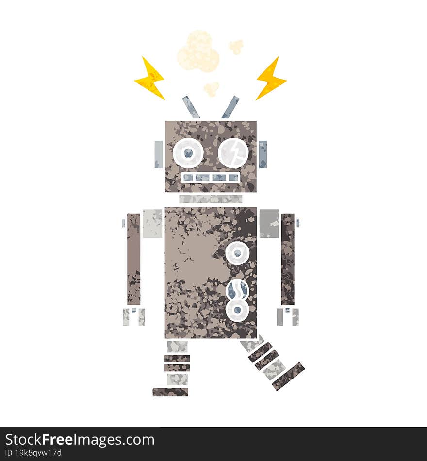 retro illustration style cartoon malfunctioning robot