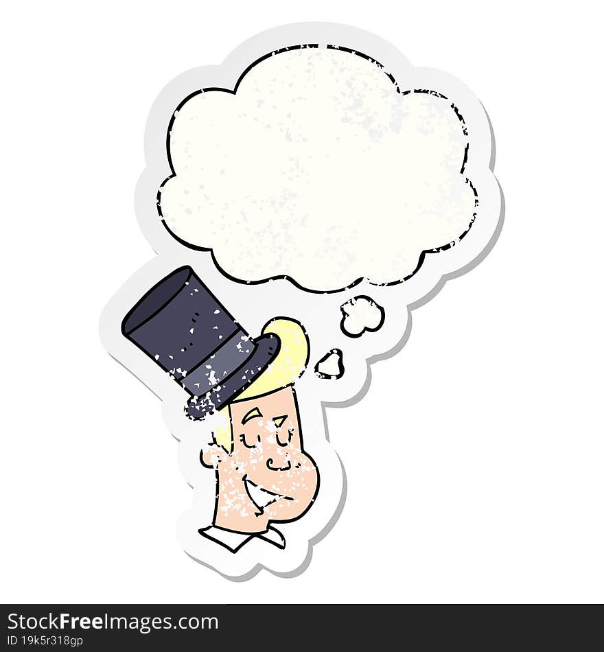 cartoon man wearing top hat with thought bubble as a distressed worn sticker