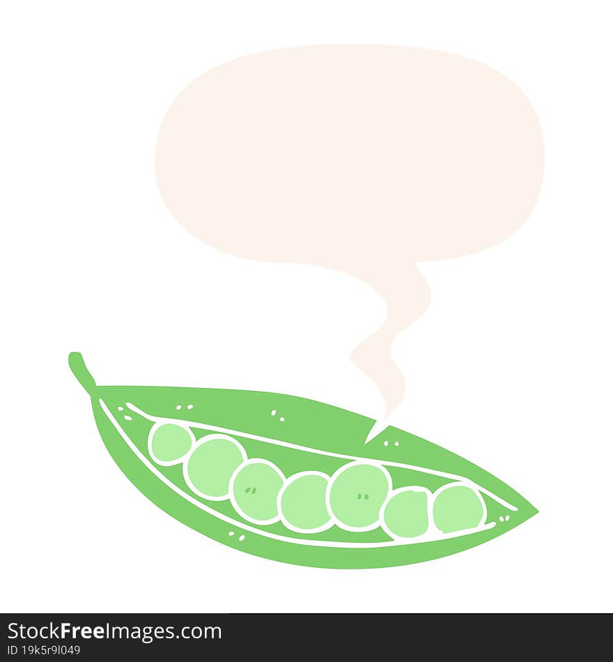 cartoon peas in pod with speech bubble in retro style