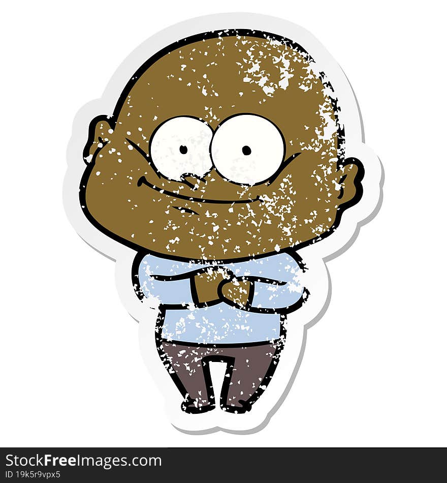 distressed sticker of a cartoon bald man staring