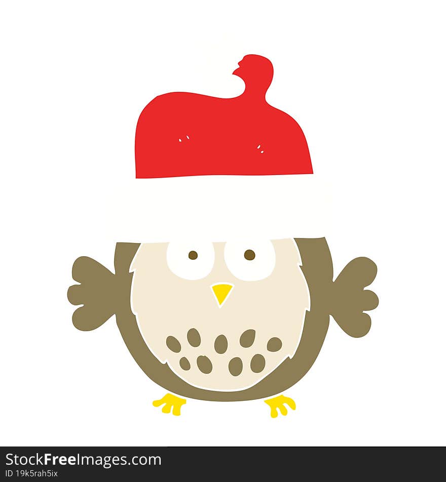 flat color illustration of a cartoon owl wearing christmas hat