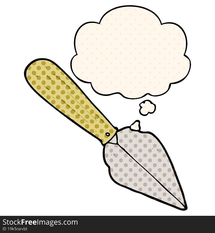 cartoon garden trowel with thought bubble in comic book style