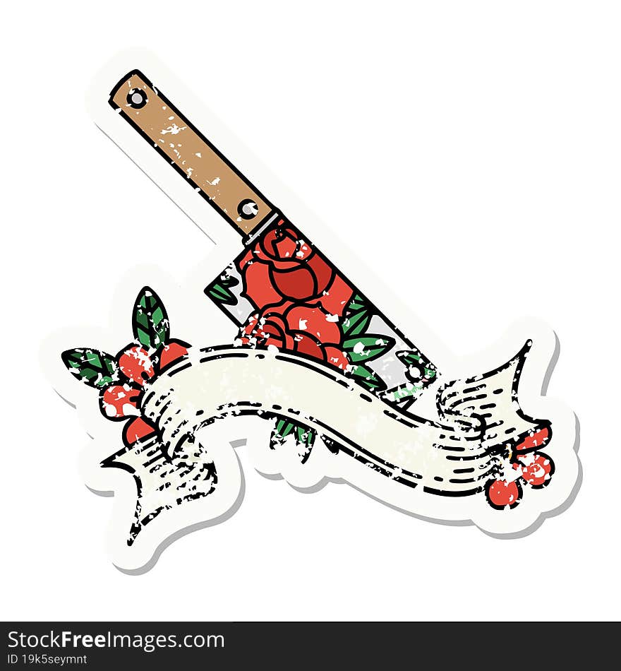 Grunge Sticker With Banner Of A Cleaver And Flowers