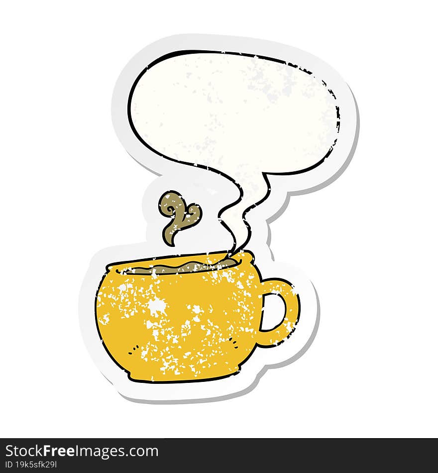 cartoon coffee cup and speech bubble distressed sticker