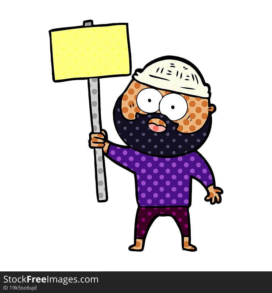 cartoon bearded man with signpost. cartoon bearded man with signpost