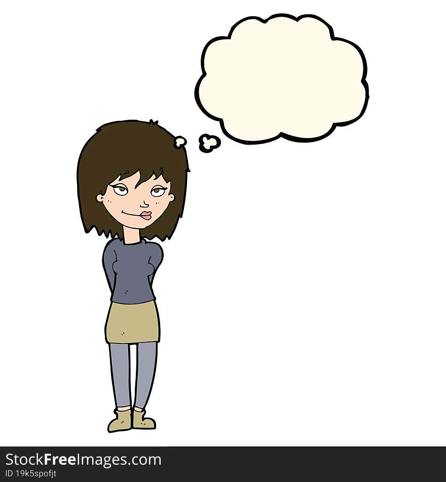 cartoon happy woman with thought bubble