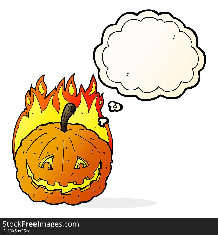 cartoon grinning pumpkin with thought bubble