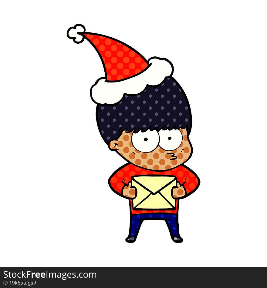 nervous comic book style illustration of a boy wearing santa hat