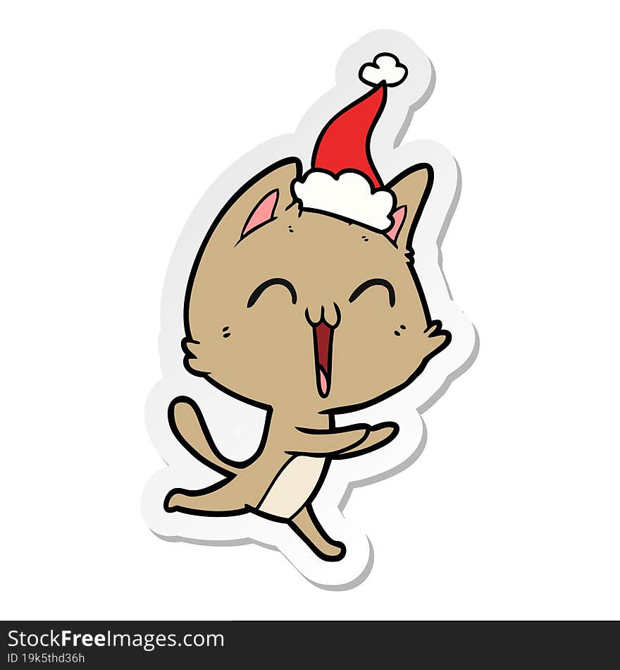 happy sticker cartoon of a cat meowing wearing santa hat