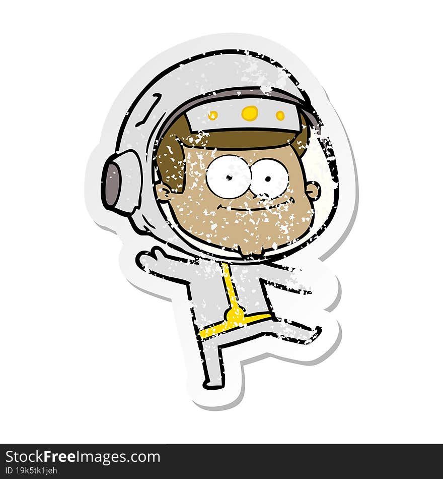 distressed sticker of a happy astronaut cartoon