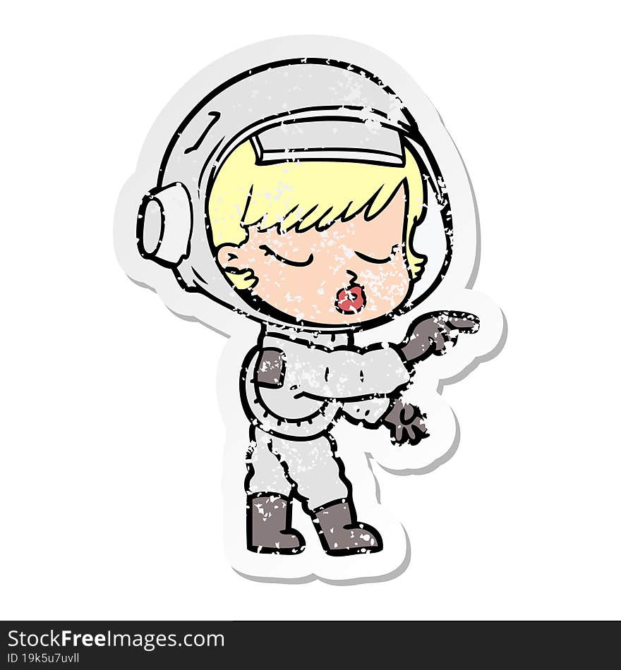 distressed sticker of a cartoon pretty astronaut girl pointing