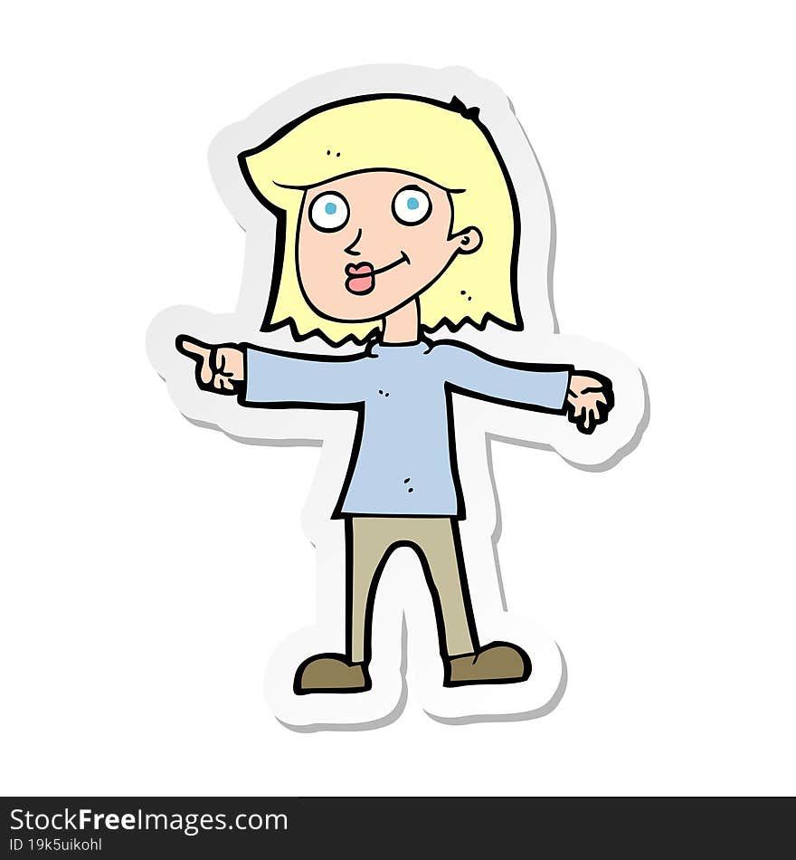 sticker of a cartoon happy woman pointing