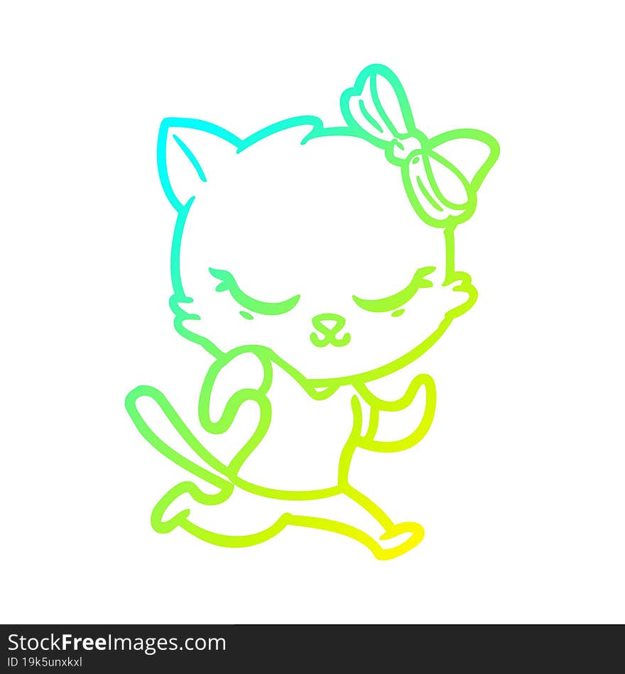 cold gradient line drawing cute cartoon cat with bow