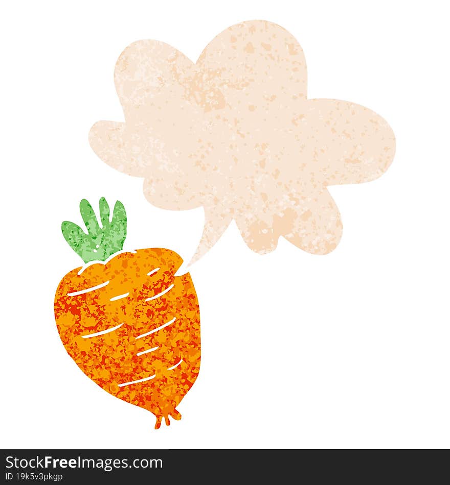 cartoon root vegetable and speech bubble in retro textured style