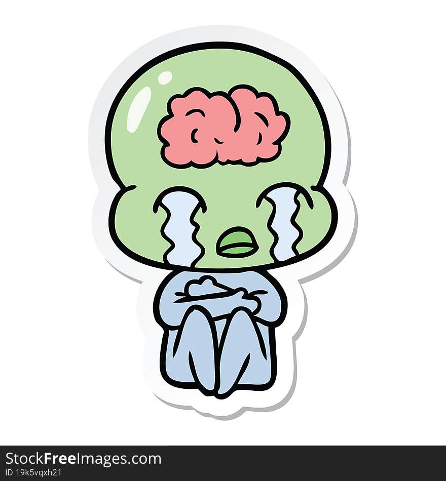 sticker of a cartoon big brain alien crying