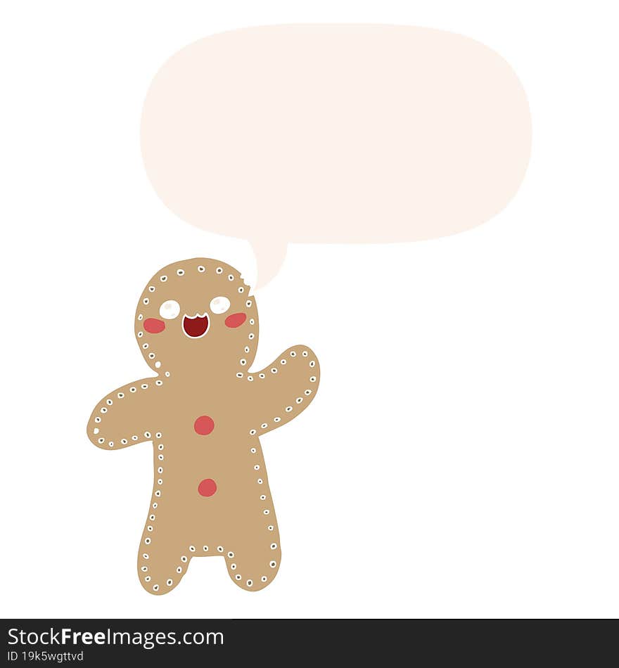 cartoon gingerbread man and speech bubble in retro style