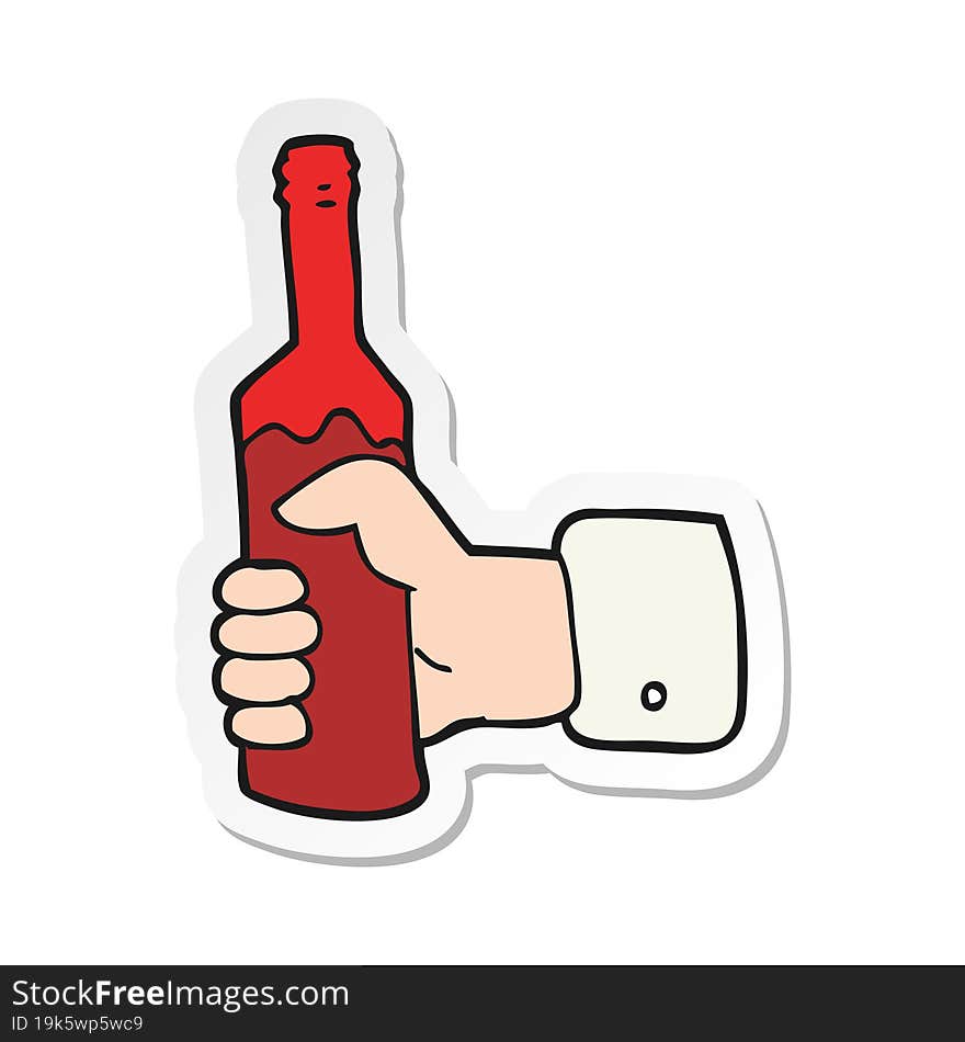 sticker of a cartoon hand holding bottle of wine