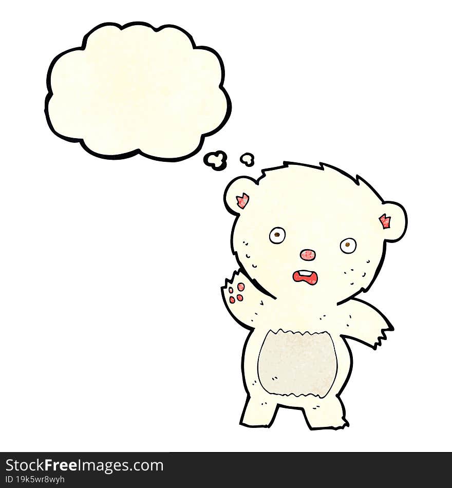 cartoon waving polar bear cub with thought bubble