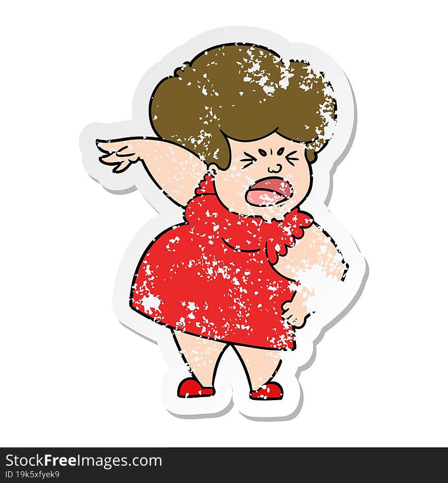 Distressed Sticker Of A Cartoon Angry Woman