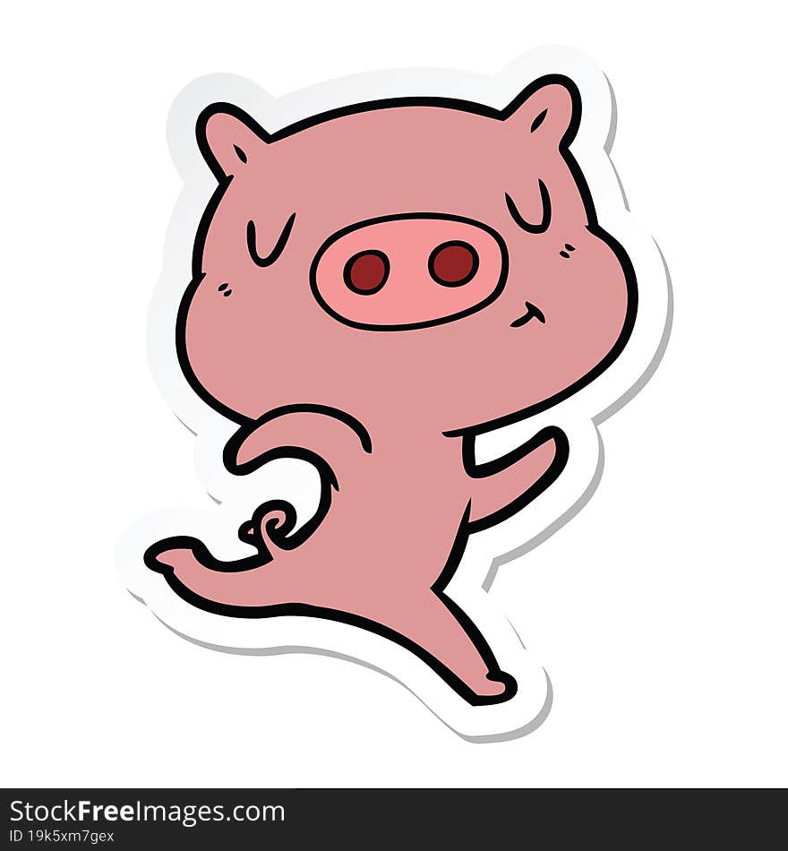 sticker of a cartoon content pig running