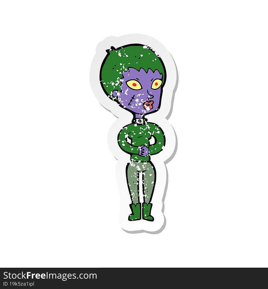 retro distressed sticker of a cartoon zombie girl