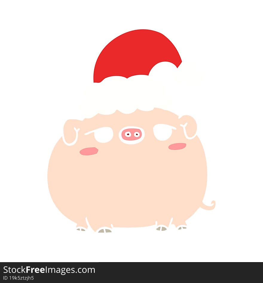 flat color style cartoon pig wearing christmas hat