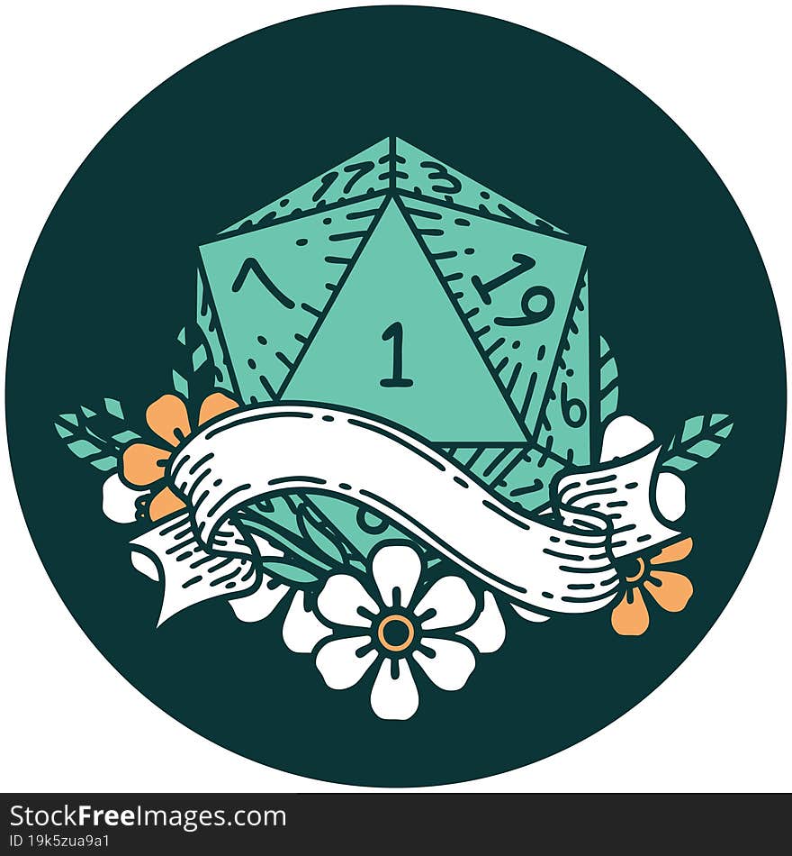 icon of natural one d20 dice roll. icon of natural one d20 dice roll