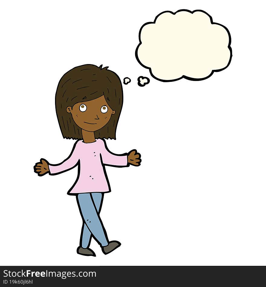 cartoon woman with no worries with thought bubble