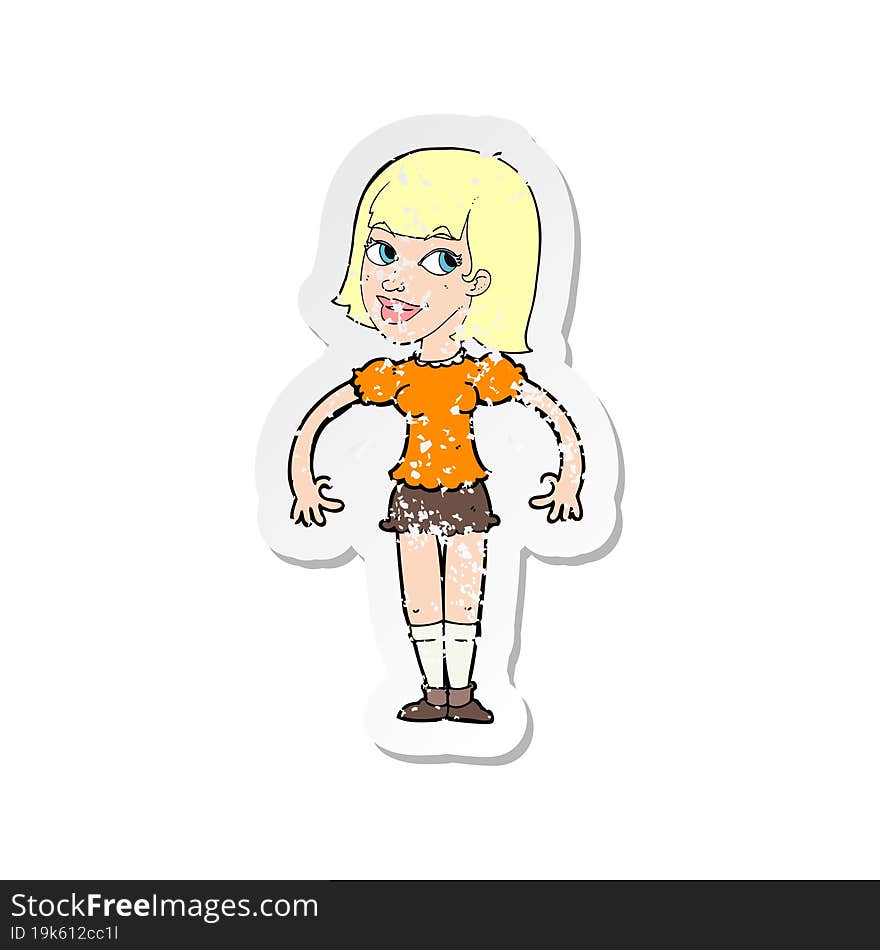 retro distressed sticker of a cartoon woman shrugging shoulders