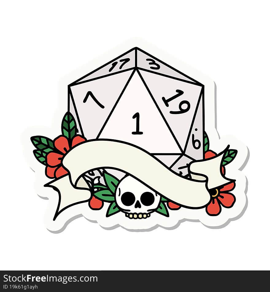 sticker of a natural one d20 dice roll. sticker of a natural one d20 dice roll