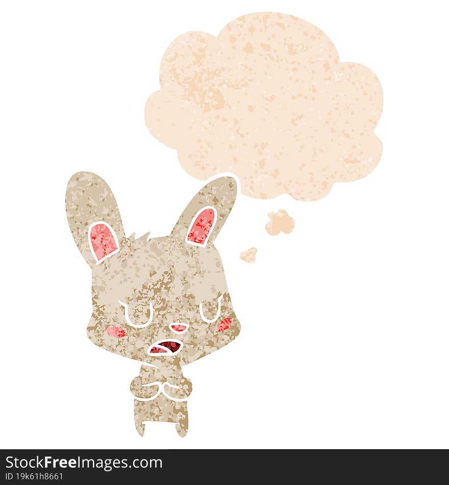 cartoon rabbit talking with thought bubble in grunge distressed retro textured style. cartoon rabbit talking with thought bubble in grunge distressed retro textured style