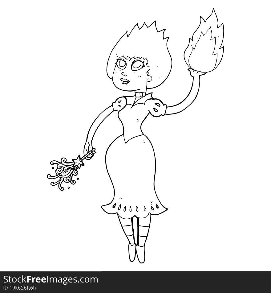 freehand drawn black and white cartoon vampire girl casting fireball