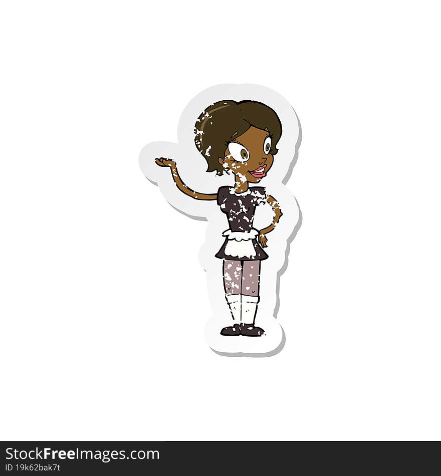 retro distressed sticker of a cartoon woman in maid costume