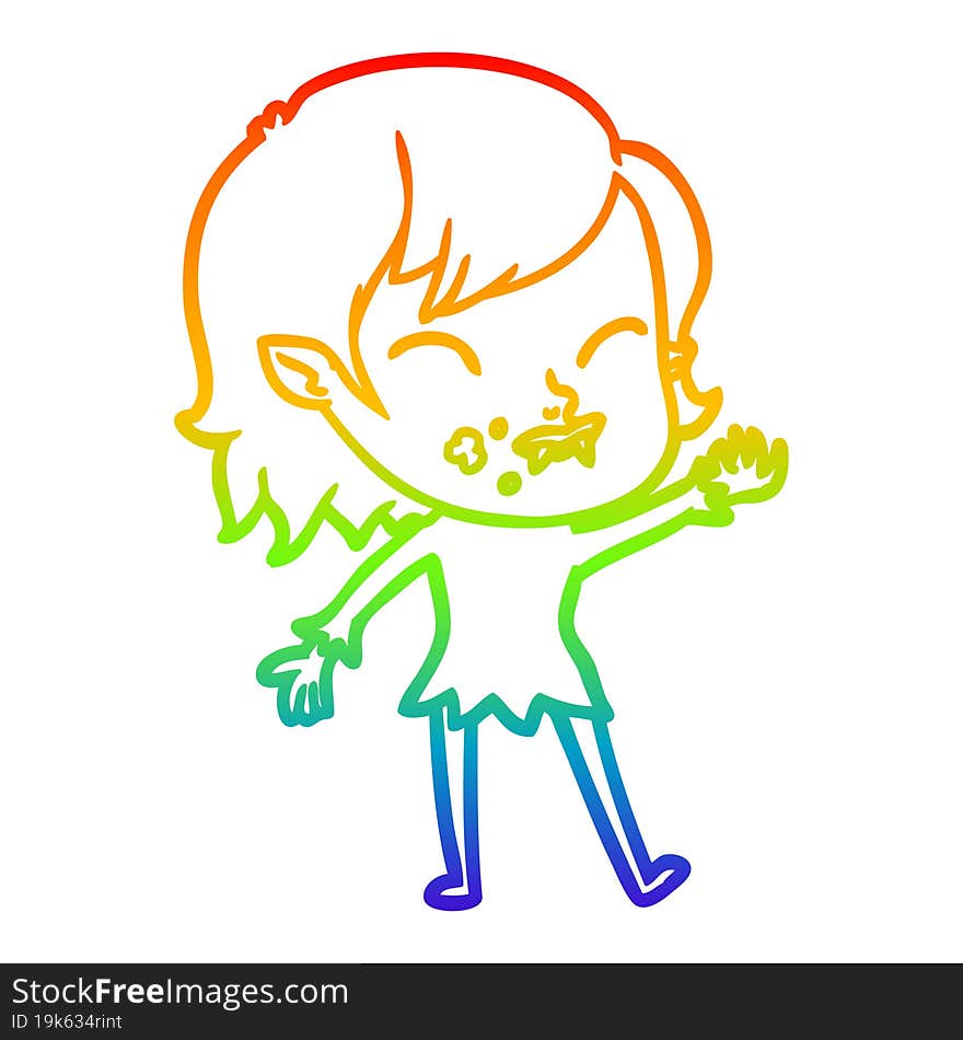 Rainbow Gradient Line Drawing Cartoon Vampire Girl With Blood On Cheek