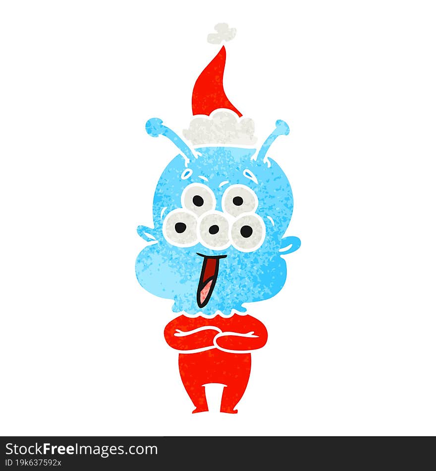 happy retro cartoon of a alien wearing santa hat