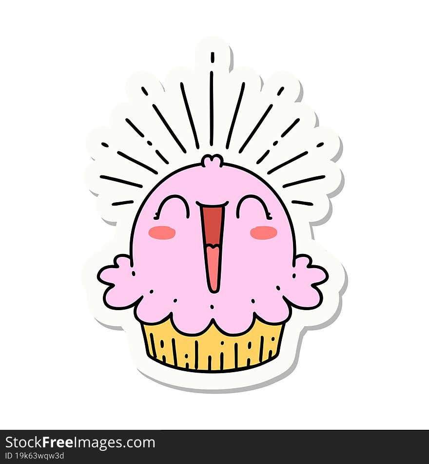 sticker of tattoo style happy singing cupcake