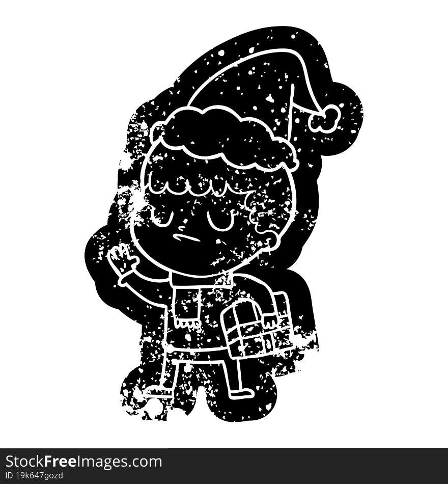 quirky cartoon distressed icon of a grumpy boy wearing santa hat