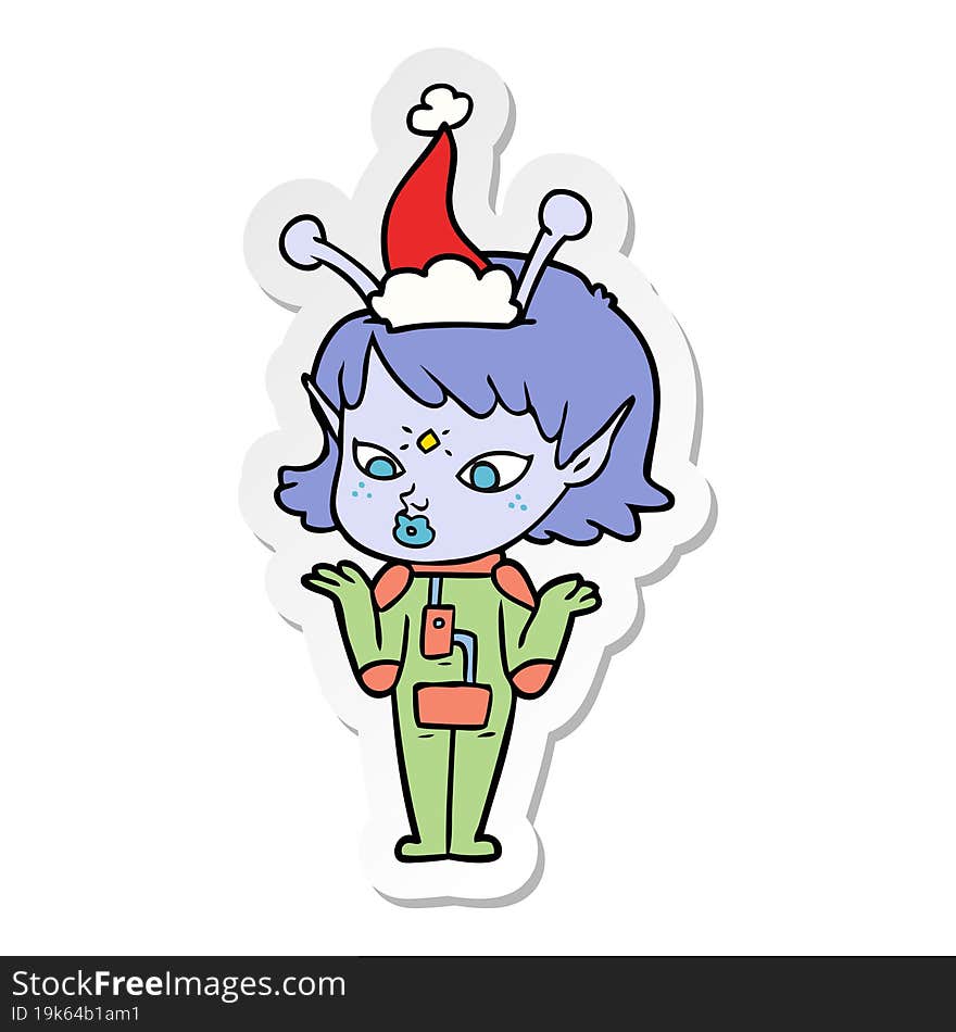 pretty sticker cartoon of a alien girl wearing santa hat