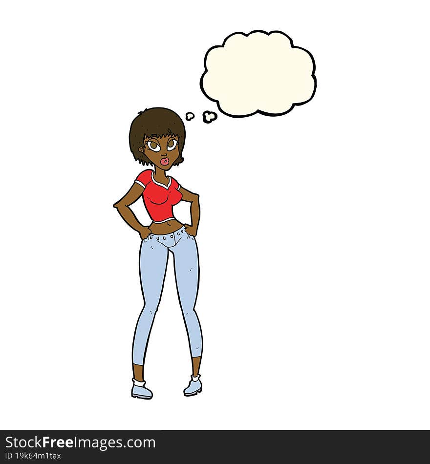 cartoon pretty woman with thought bubble