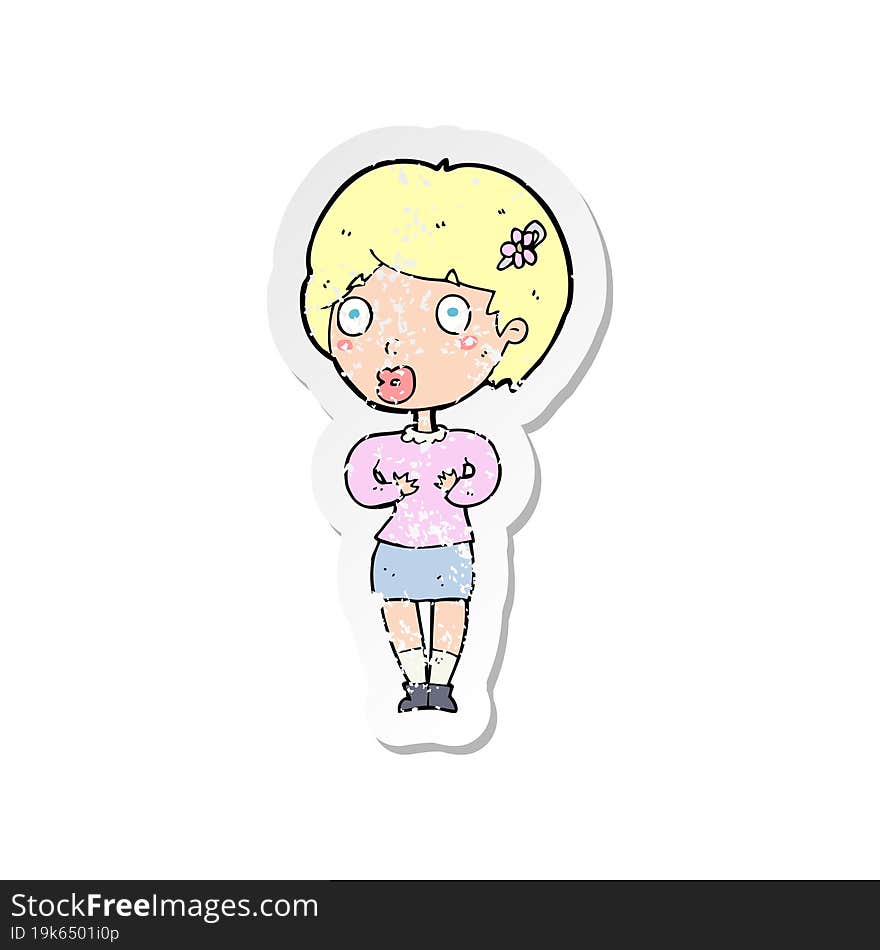 retro distressed sticker of a cartoon surprised woman